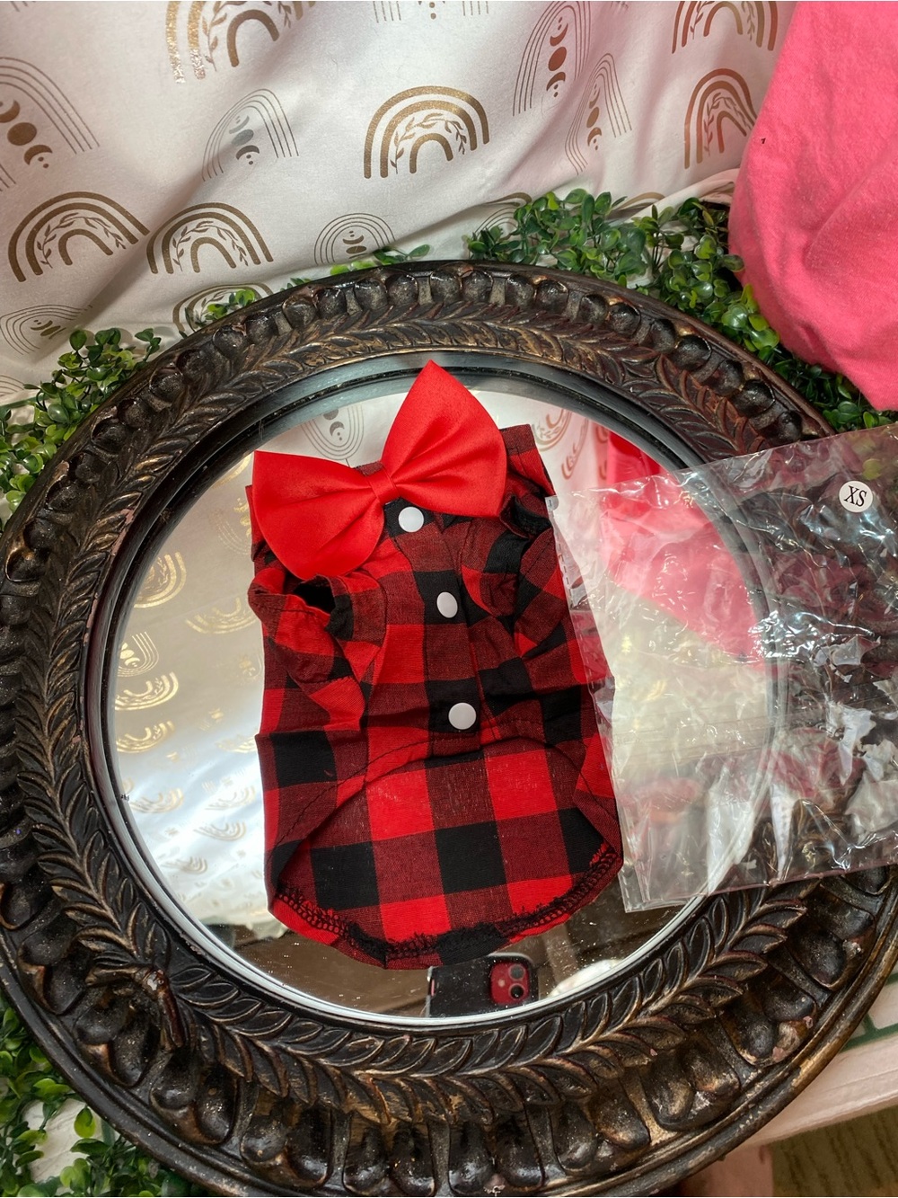 Red Plaid Dog shirt with Bow - Unbranded